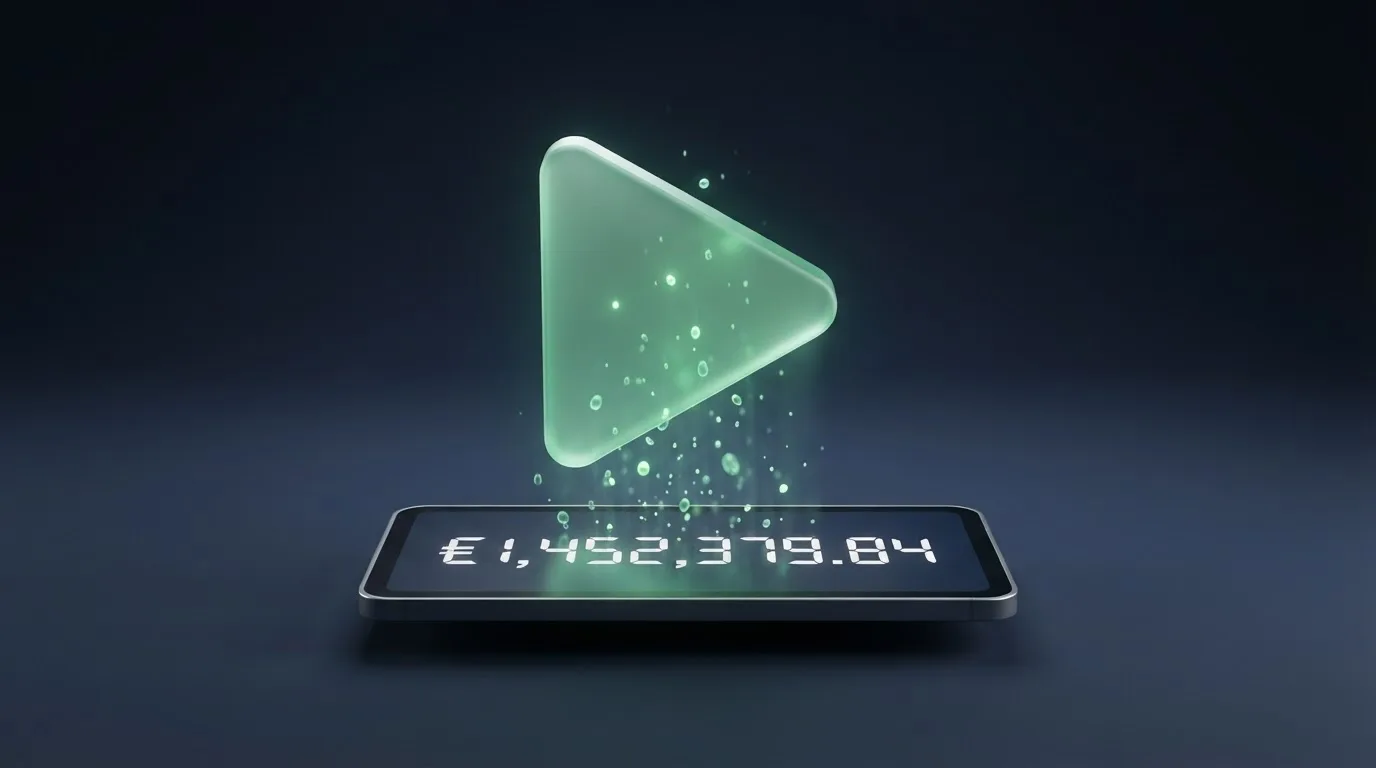 Schematische Nahaufnahme eines Play-Symbols über einem digitalen Guthabenanzeiger.