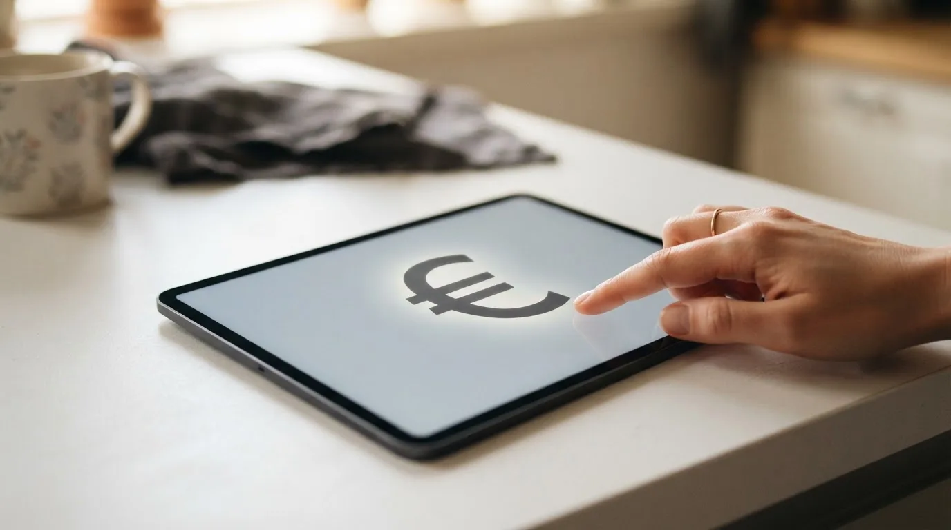 Nahaufnahme eines digitalen Zahlungssymbols auf einem Tablet-Bildschirm.